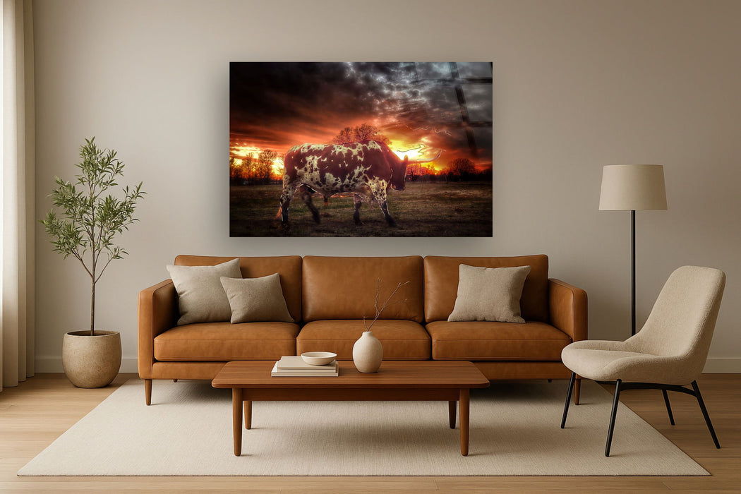 Tempered Glass With Foil - Longhorn At Sunset - Dark Brown