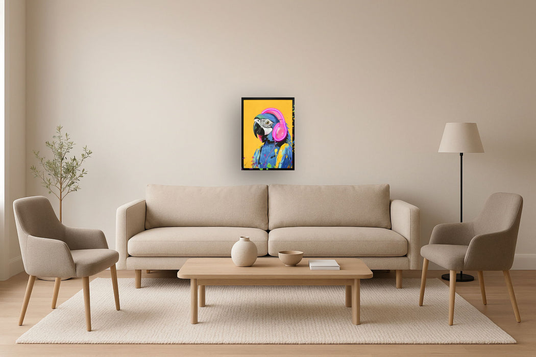Neon Beats Macaw - 21" x 29" Framed Wall Art