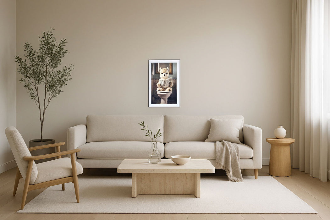 "Quirky Alpaca" Hand-Embellished Canvas In Frame - White / Cream / Blue