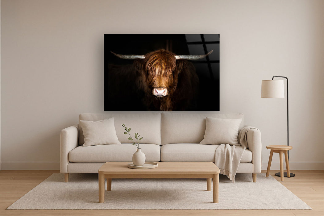 Tempered Glass With Foil Highland Cow on Black - Dark Brown