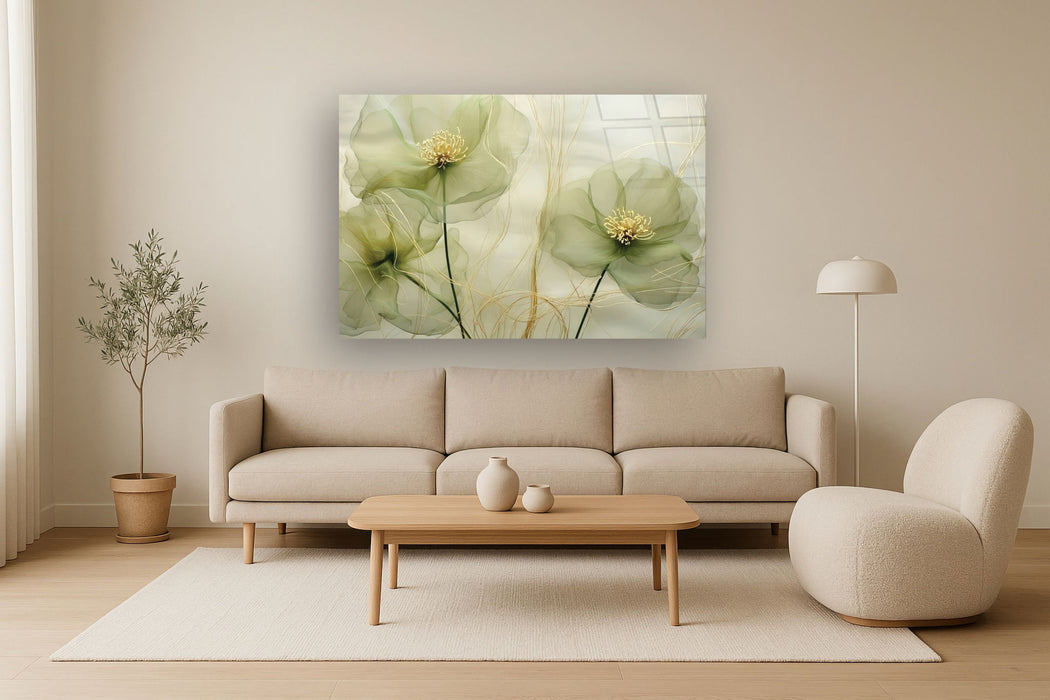 Temp Glass With Foil - Green Whispy Floral - Green