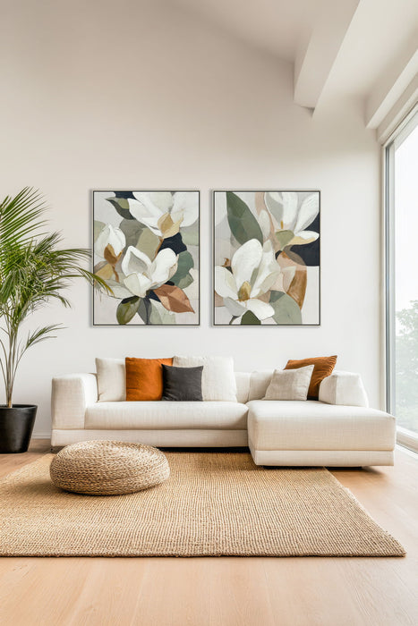 "Magnolia Serenity I" Hand-Embellished Canvas In Frame - Green / Orange / White
