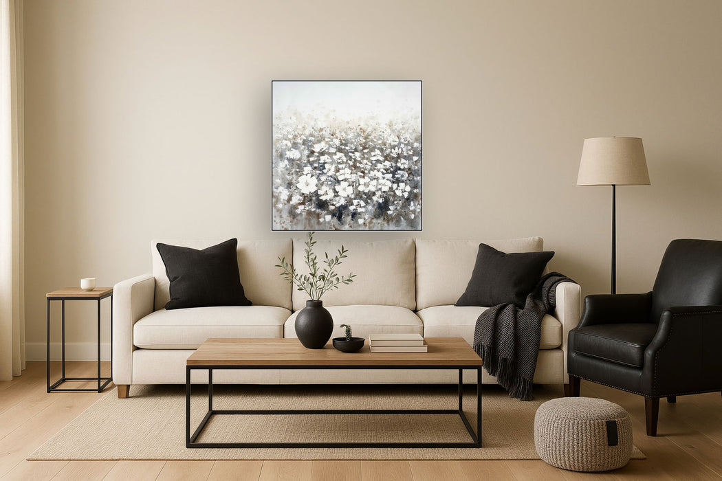 Hand Painted Textured Canvas Glitter In Frame Full Of Flowers - Gray