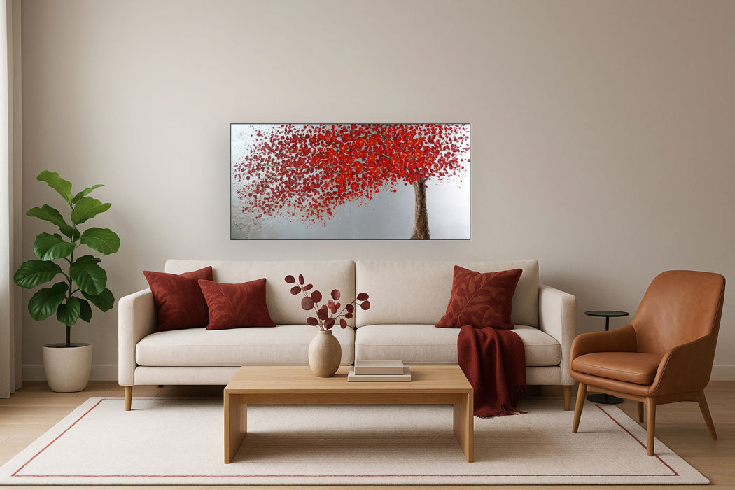 Hand Painted Textured Canvas With Foil In Frame Tree In Red - Red