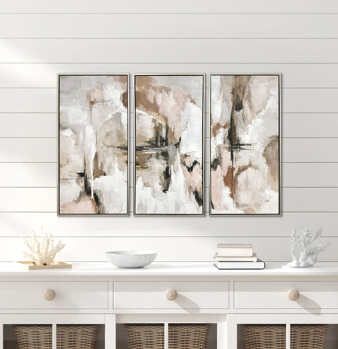"Ethereal Reflections" Hand-Embellished Canvas Triptych In Frame - Neutral
