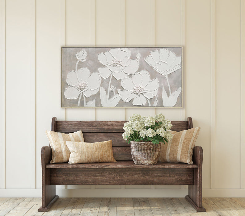 "Textured Blossoms" Hand-Painted Canvas In Frame - White / Gray