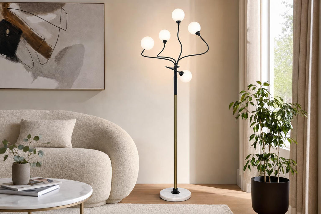 "Celestial Branch" Metal Floor Lamp - Matte Black / White Frosted Glass / White Marble / Soft Gold