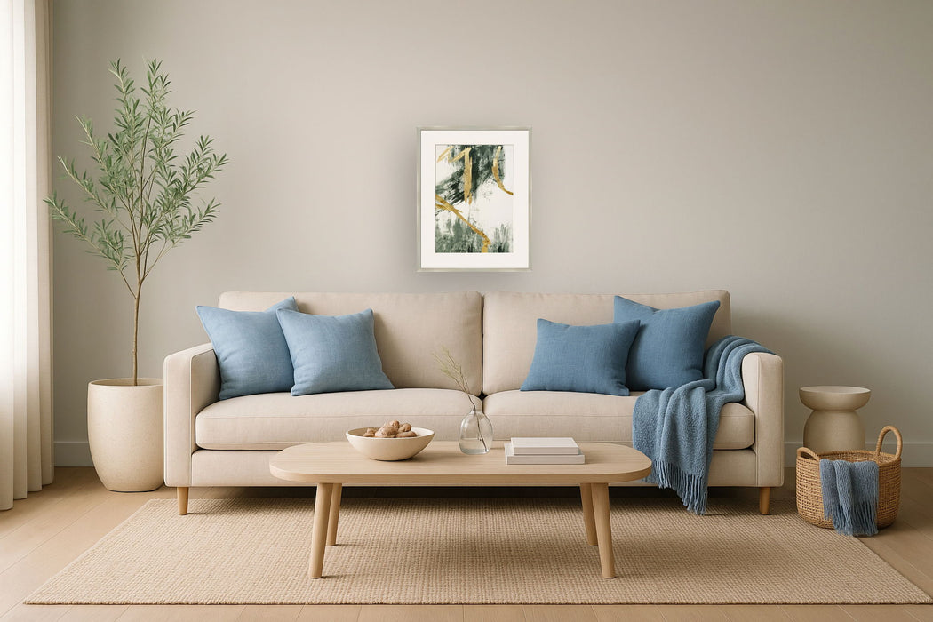 "Golden Strokes II" Hand-Embellished Canvas Framed Under Acrylic - Silver / Green / Gold