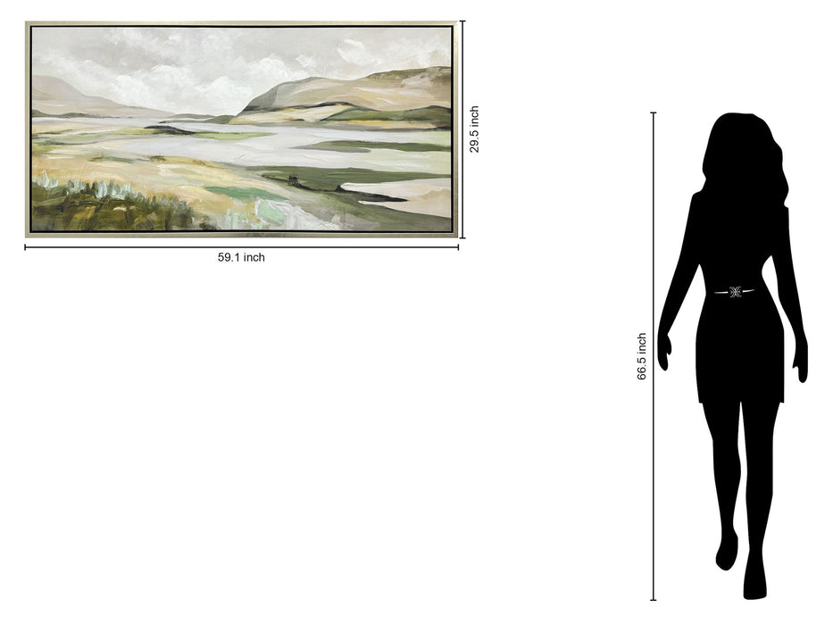 "Serene Landscape" Hand-Embellished Canvas In Frame - Muted Greens / Soft Earth Tones