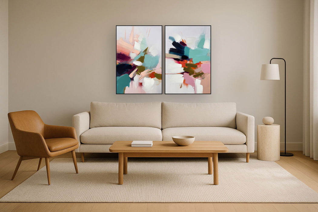 Abstract Pinks And Teals (Set of 2) - White