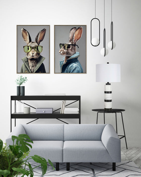 Velvet Hare I Hand-Embellished Canvas With Fabric In Frame - Gray / Beige