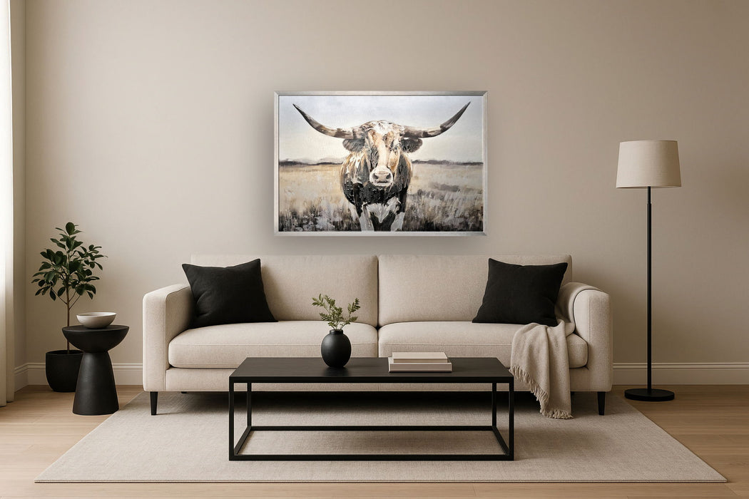 Dusted Plains Longhorn - 32" x 47" Framed Wall Art - Beige