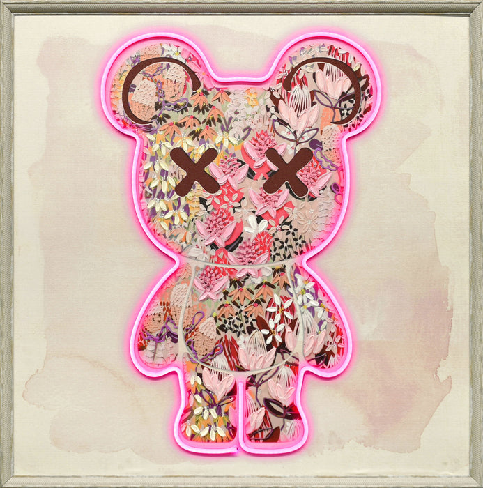 Floral Neon Bear - 33" x 33" Framed Wall Art