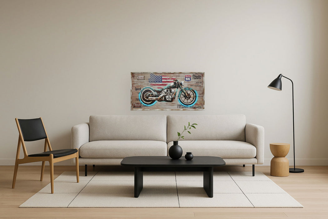 "Route Freedom" Hand-Embellished LED In Frame - Rustic / Neon