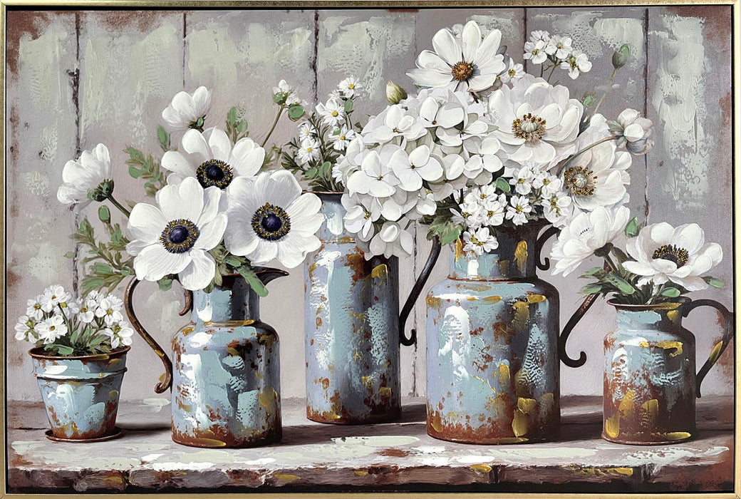 Rustic Blossoms Study Hand-Embellished Canvas In Frame - Blue / Gray
