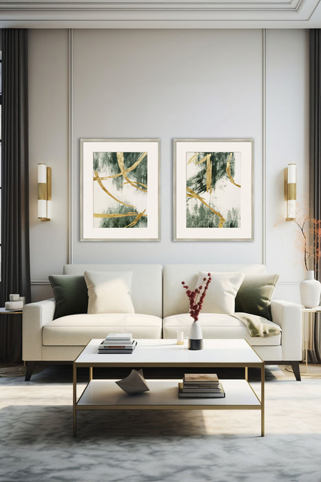 "Golden Strokes II" Hand-Embellished Canvas Framed Under Acrylic - Silver / Green / Gold