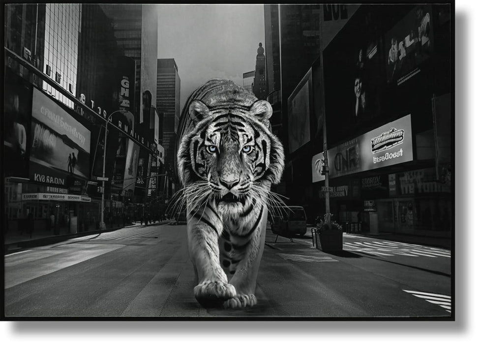 Glossy Painted Framed Canvas - Tiger Of The City - Dark Gray
