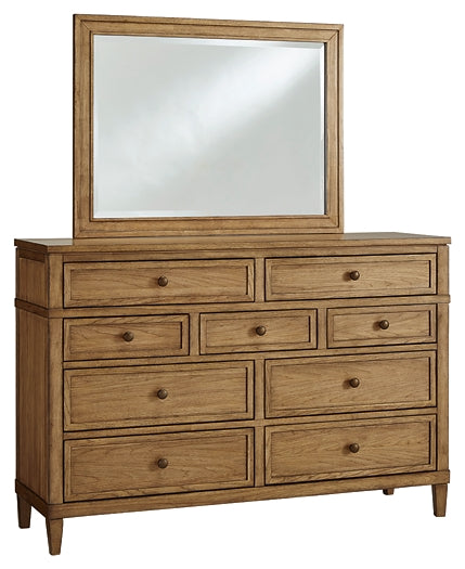 Sharlance Queen Upholstered Panel Bed with Mirrored Dresser and Nightstand