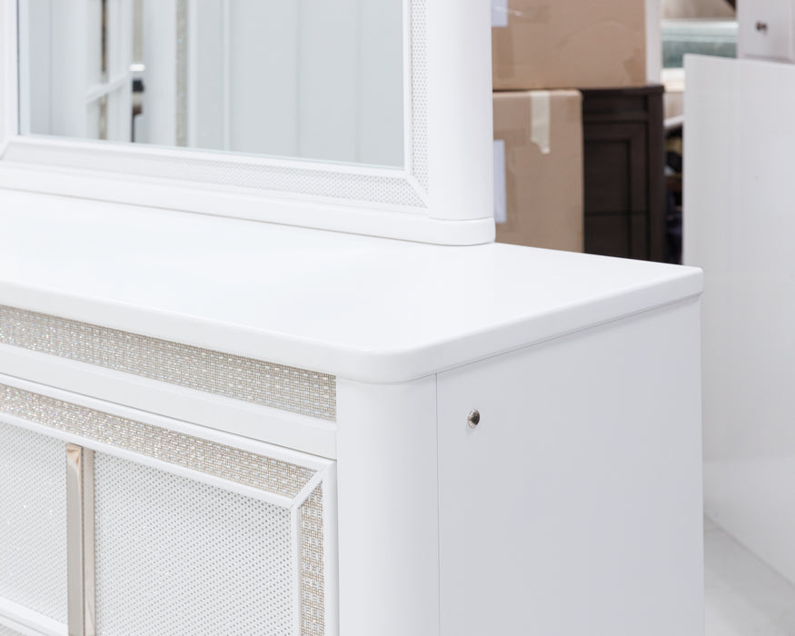 Chalanna King Upholstered Storage Bed with Mirrored Dresser, Chest and Nightstand