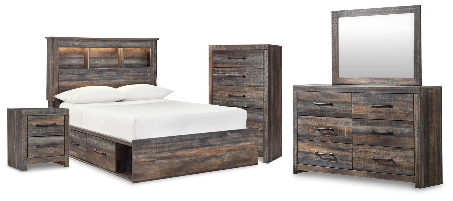Drystan Full Bookcase Bed with 2 Storage Drawers with Mirrored Dresser, Chest and Nightstand
