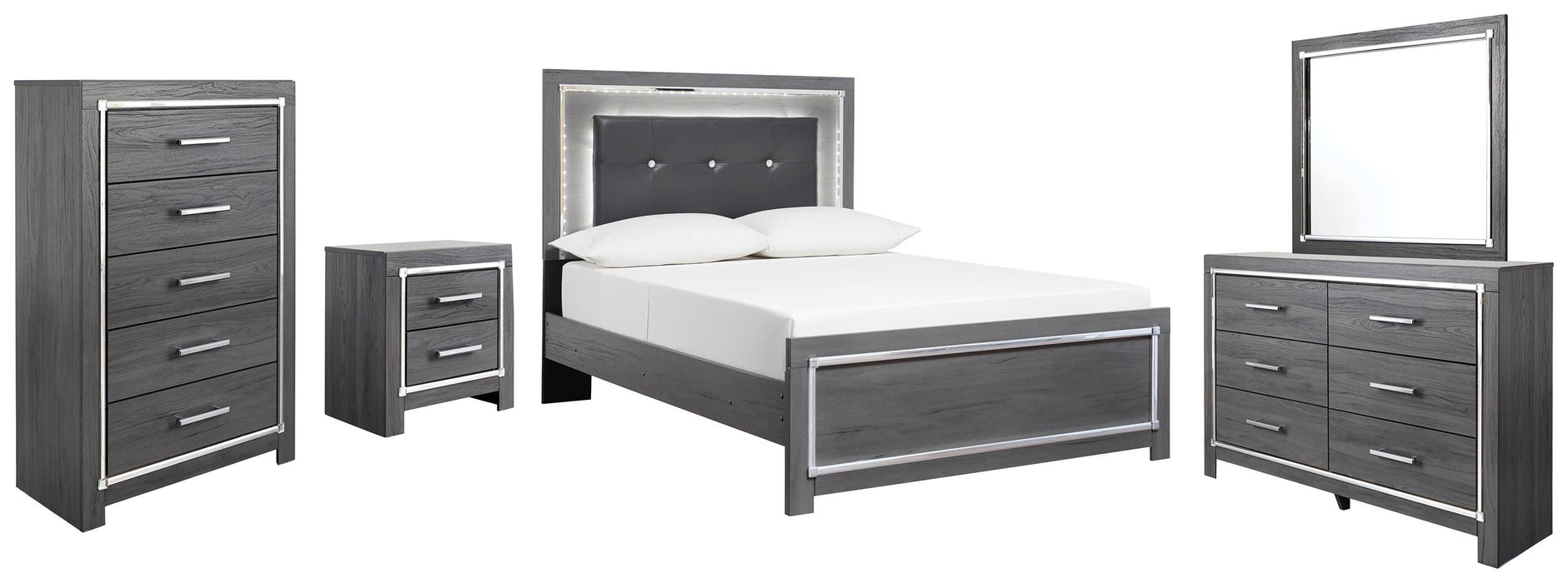 Lodanna Full Panel Bed with Mirrored Dresser, Chest and Nightstand
