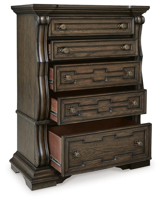 Maylee King Upholstered Bed, Dresser, Mirror, Chest and Nightstand