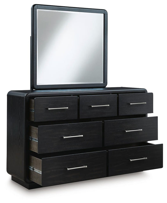 Rowanbeck King Upholstered Panel Bed, Dresser, Mirror and Nightstand