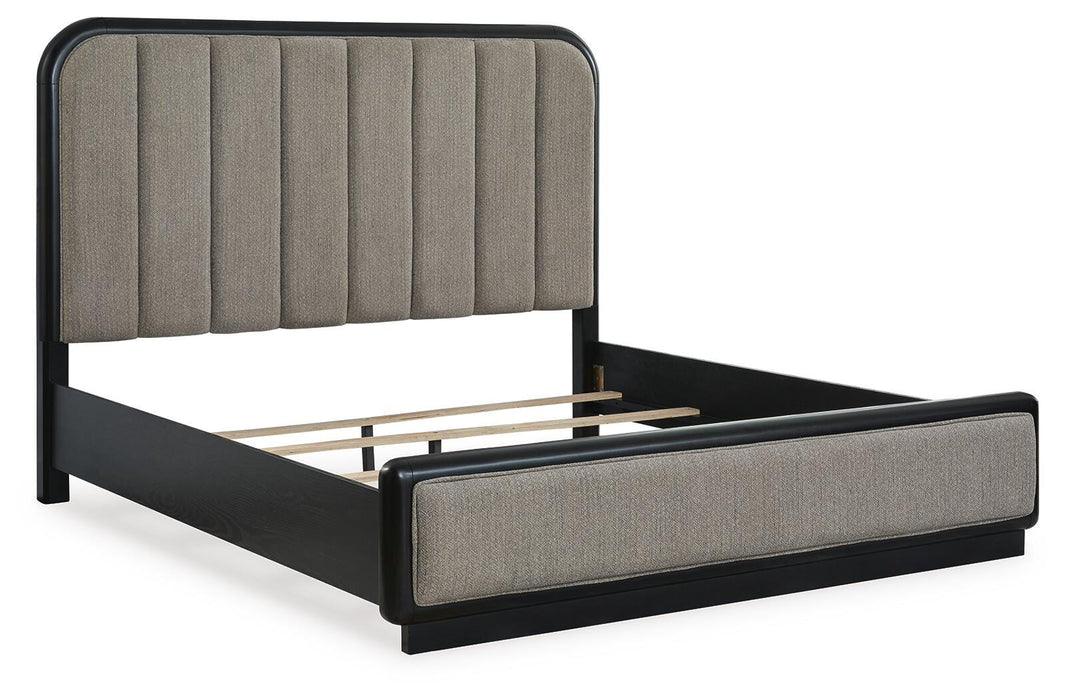 Rowanbeck King Upholstered Panel Bed, Dresser, Mirror and Nightstand