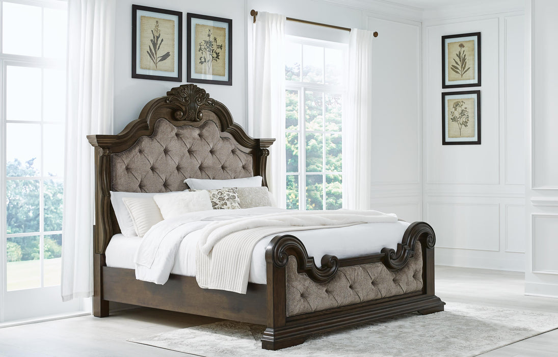 Maylee California King Upholstered Bed, Dresser, Mirror, Chest and Nightstand