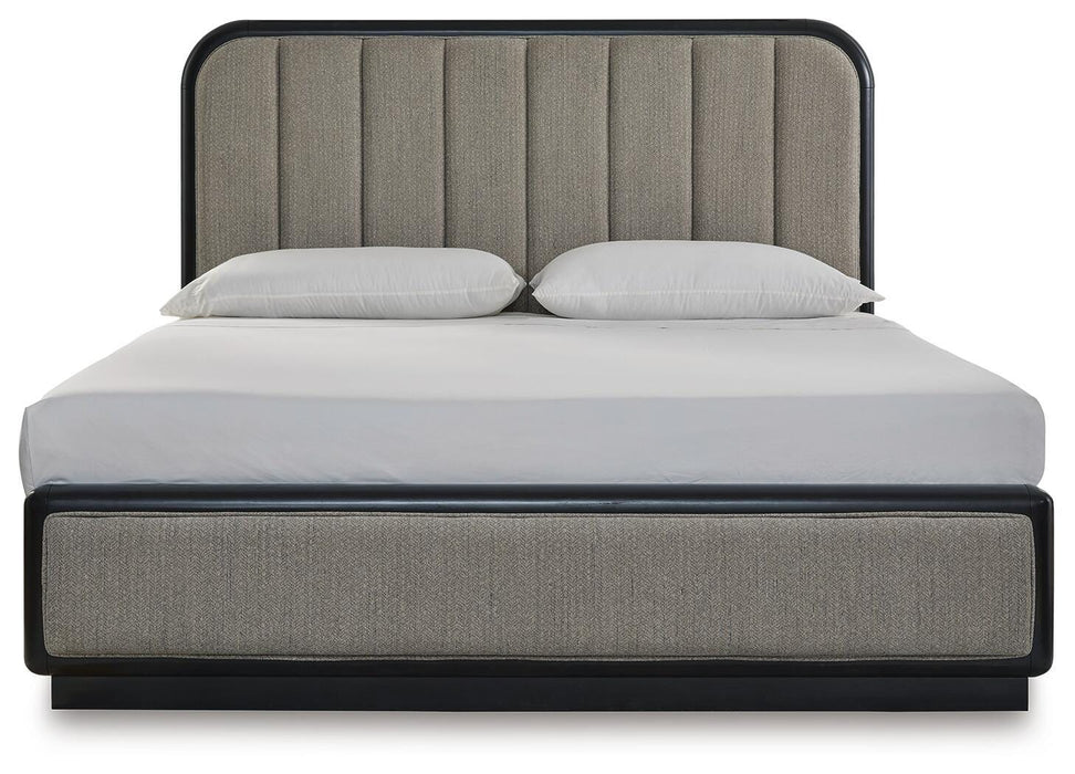 Rowanbeck California King Upholstered Panel Bed, Dresser, Mirror, Chest and Nightstand