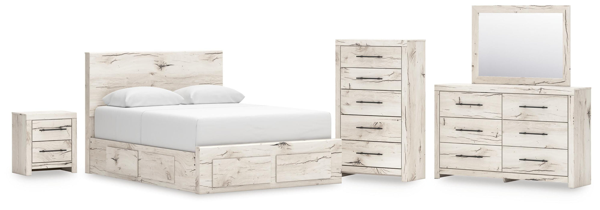 Lawroy Queen Panel Storage Bed, Dresser, Mirror, Chest and Nightstand