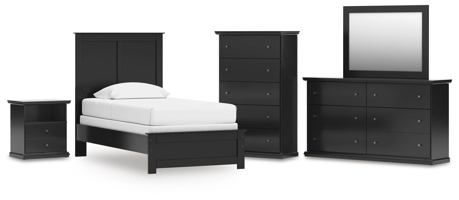 Maribel Twin Panel Bed, Dresser, Mirror, Chest and Nightstand