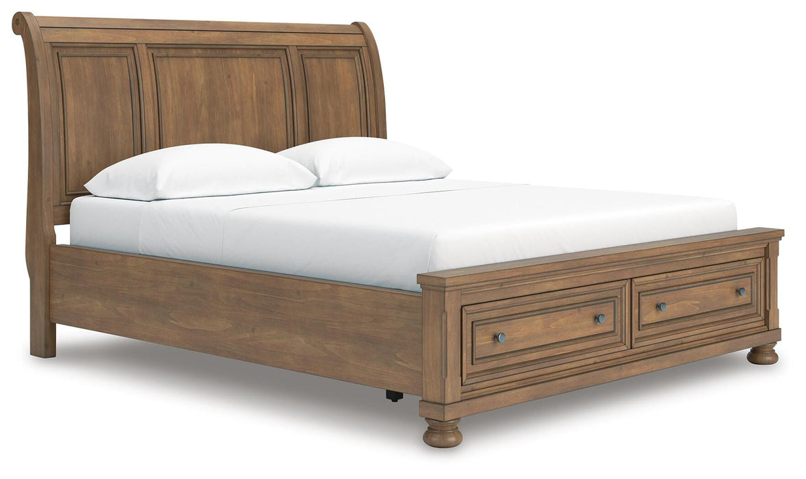 Feddinger California King Storage Sleigh Bed with Mirrored Dresser and Nightstand