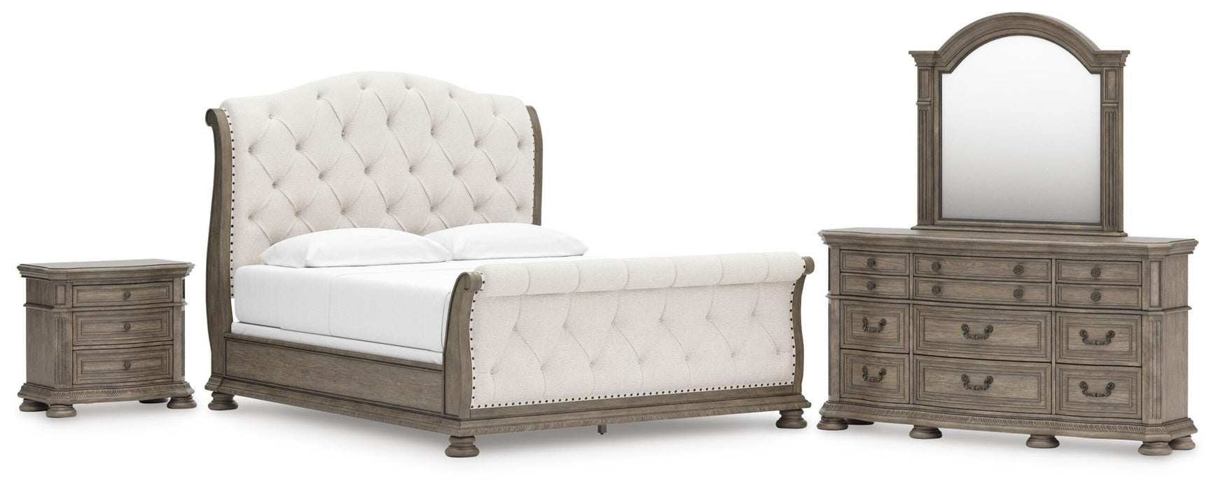 Ardenfield California King Upholstered Sleigh Bed, Dresser, Mirror and Nightstand