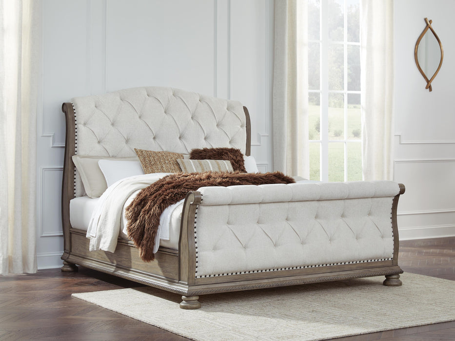 Ardenfield California King Upholstered Sleigh Bed, Dresser, Mirror and Nightstand