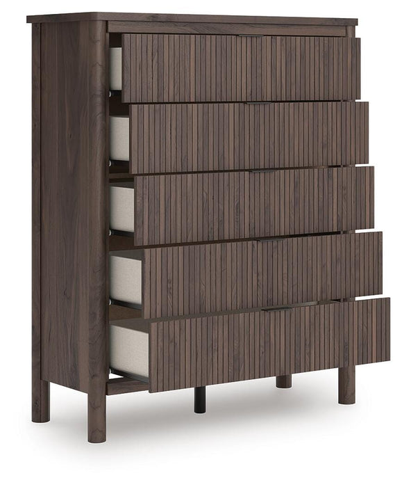 Pamytta Queen Upholstered Panel Bed, Dresser, Mirror, Chest and Nightstand