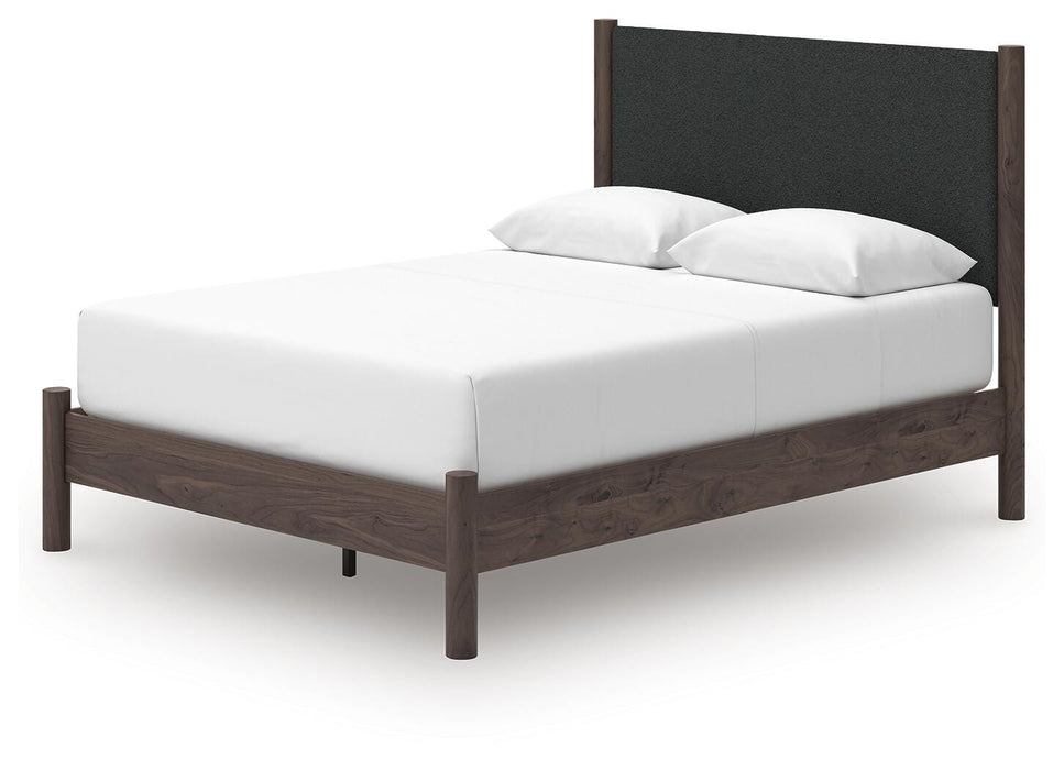 Pamytta Queen Upholstered Panel Platform Bed, Dresser and Mirror