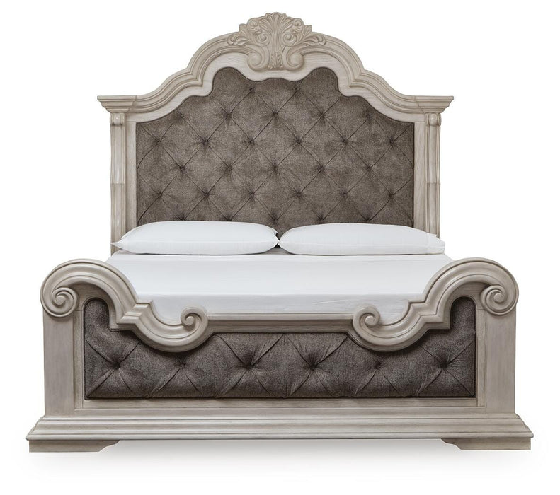 Bruchandi King Upholstered Panel Bed with Mirrored Dresser