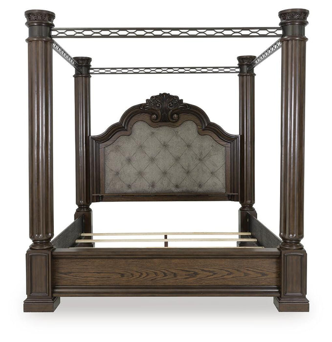 Maylee California King Canopy Bed, Dresser, Mirror, Chest and Nightstand