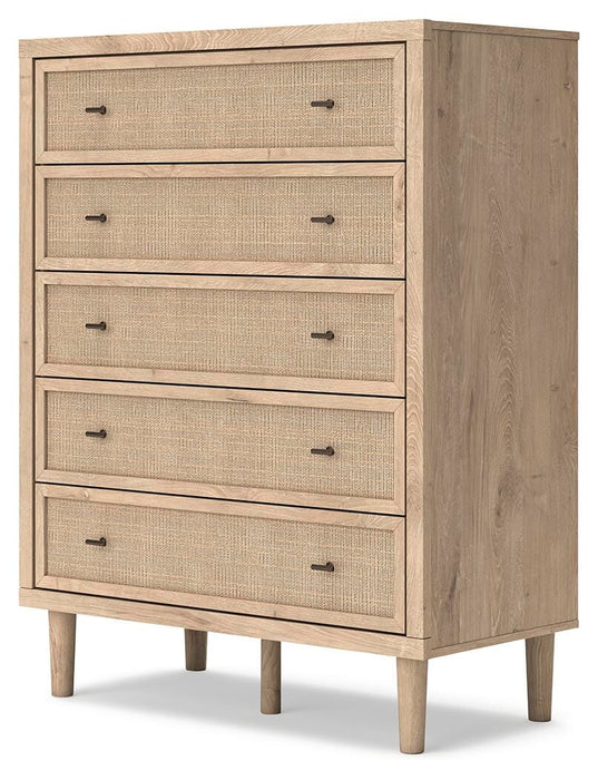 Cielden Full Upholstered Bed with Roll Slats, Dresser, Mirror, Chest and Nightstand
