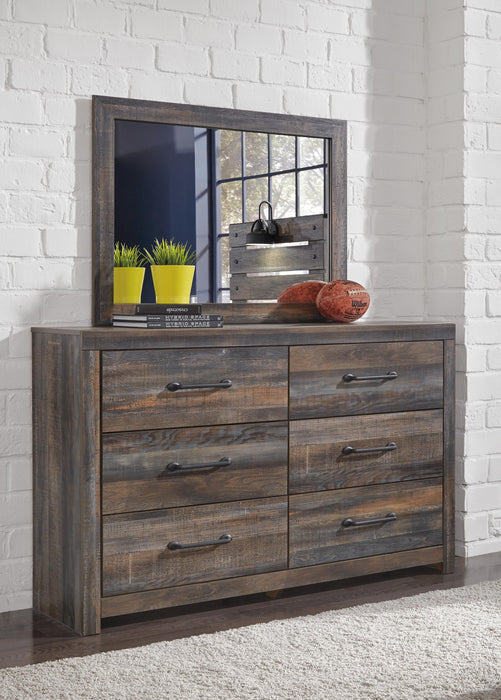 Drystan Queen Panel Bed with 4 Storage Drawers with Mirrored Dresser