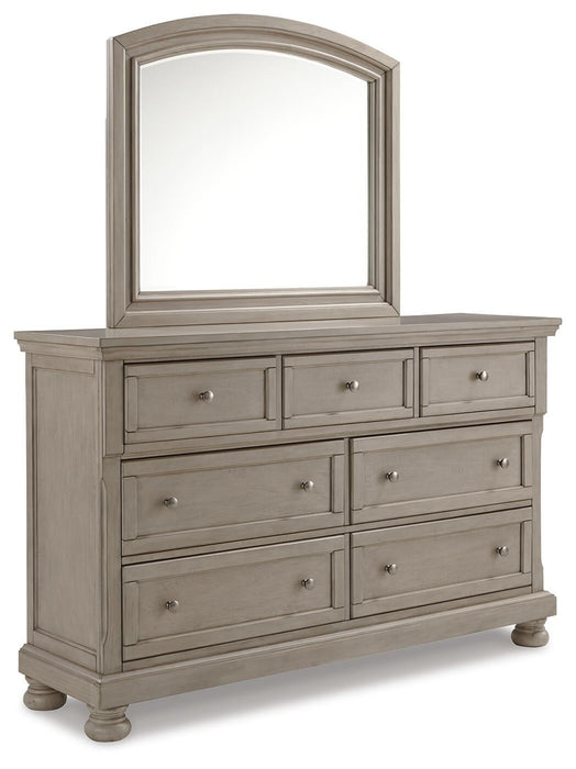 Lettner Queen Sleigh Bed with 2 Storage Drawers with Mirrored Dresser