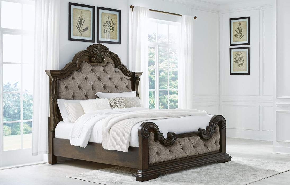 Maylee King Upholstered Bed with Mirrored Dresser and Nightstand