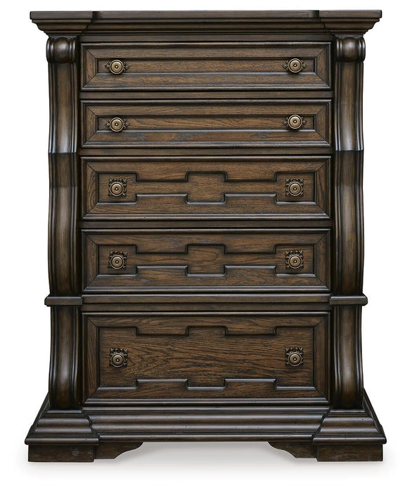 Maylee King Upholstered Bed, Dresser, Mirror, Chest and Nightstand