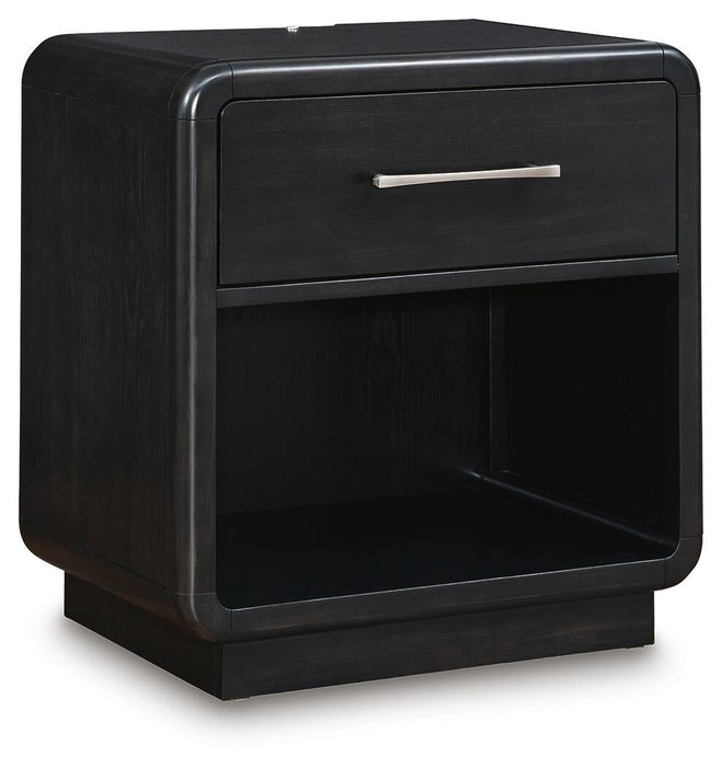 Rowanbeck King Upholstered Panel Bed, Dresser, Mirror and Nightstand
