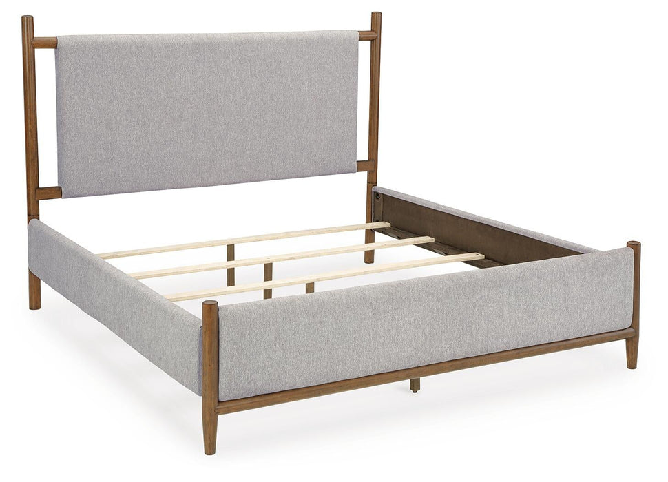 Lyncott California King Upholstered Bed with Mirrored Dresser and Nightstand