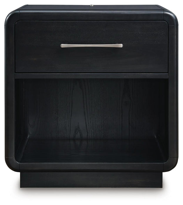 Rowanbeck King Upholstered Panel Bed, Dresser, Mirror, Chest and Nightstand