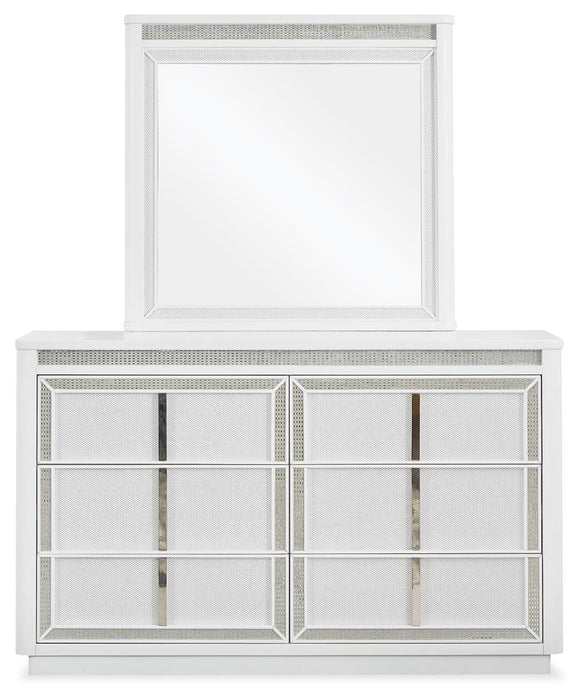 Chalanna Queen Upholstered Storage Bed with Mirrored Dresser
