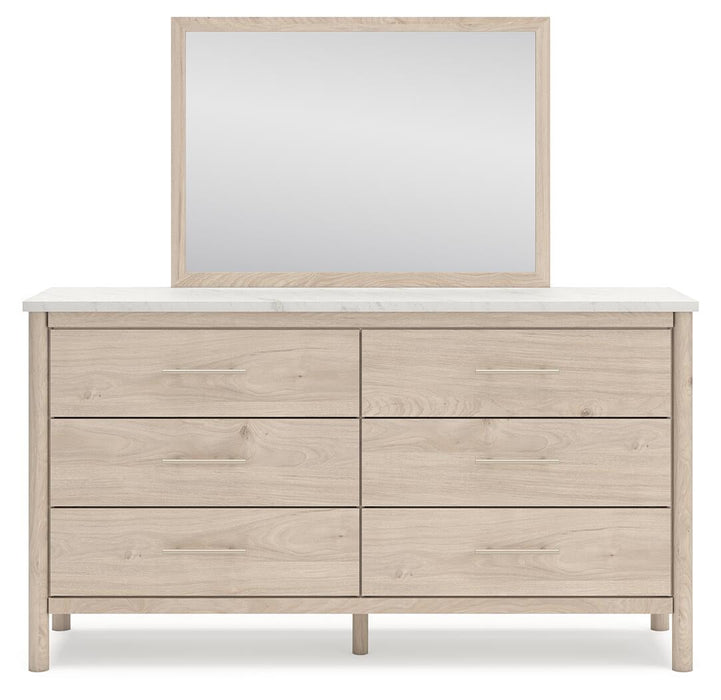Cadmori Queen Upholstered Panel Bed with Mirrored Dresser and Nightstand