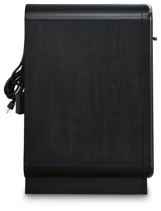 Rowanbeck California King Upholstered Panel Bed, Dresser, Mirror and Nightstand